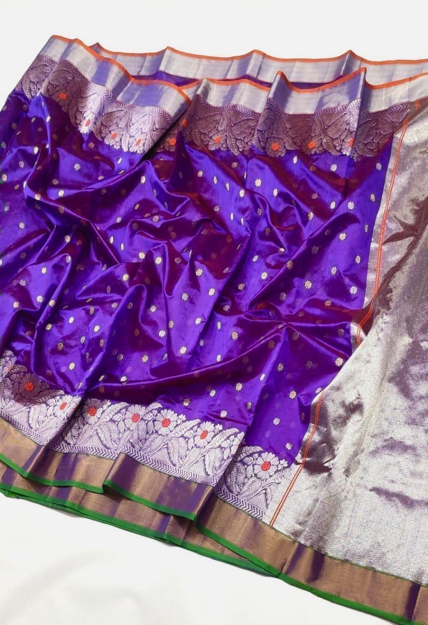 Dual Tone Purple Chanderi Handloom Pattu Silk Handwork Saree