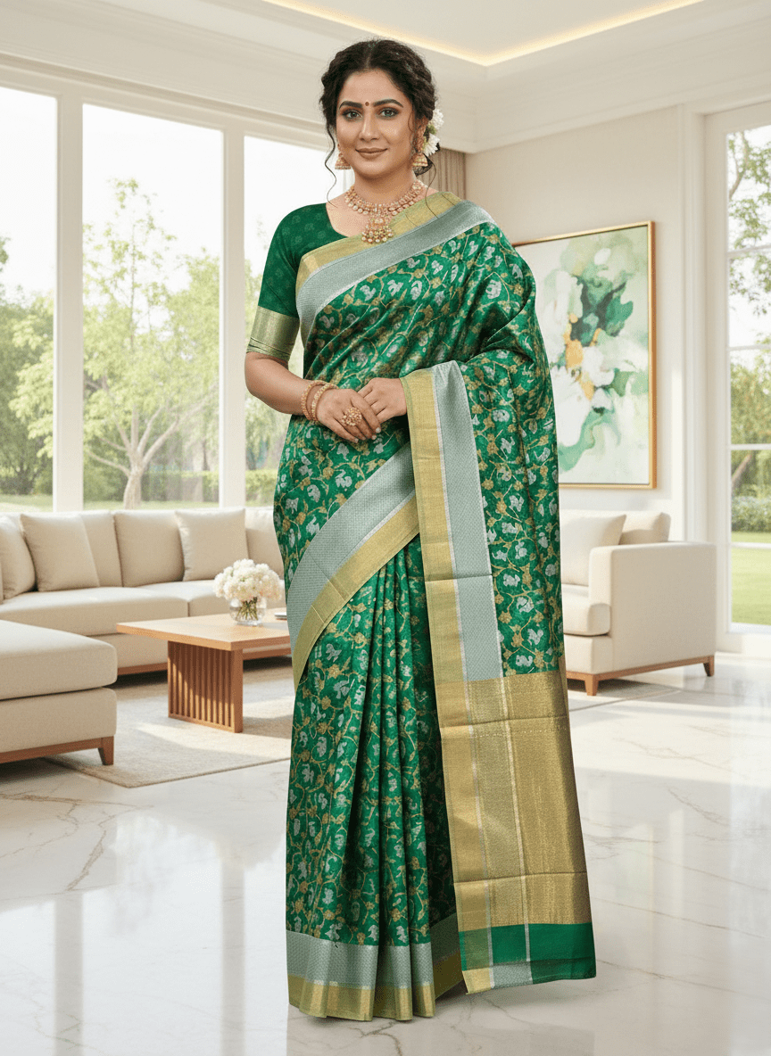 Grøn Chanderi Håndvæv Pattu Silk Shikargah Håndværk Saree