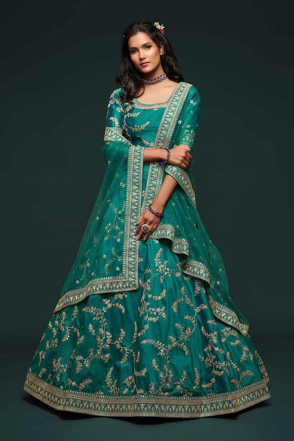 Dark Aqua Green Silk Lehenga with Zari & Sequins Work