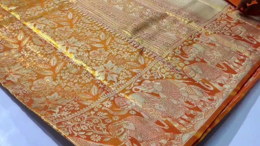 Orange Kanchipuram håndvævet vævsbrokade silkesari
