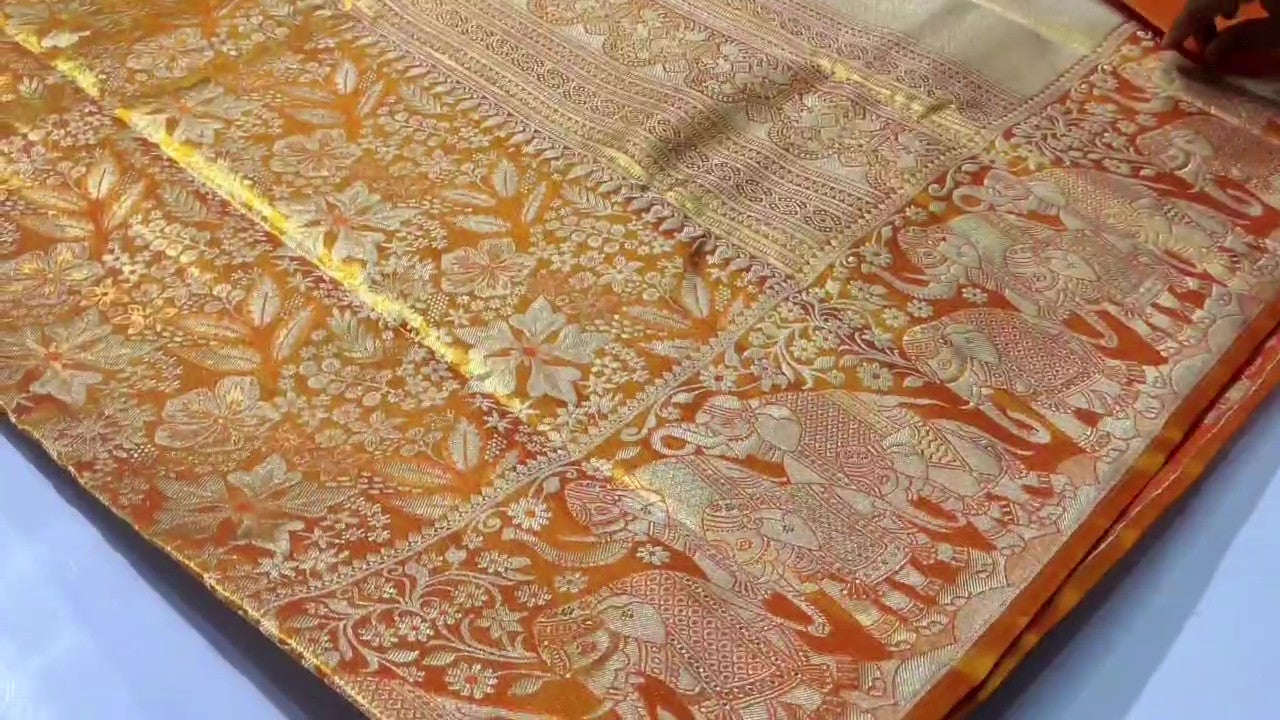 Orange Kanchipuram håndvævet vævsbrokade silkesari
