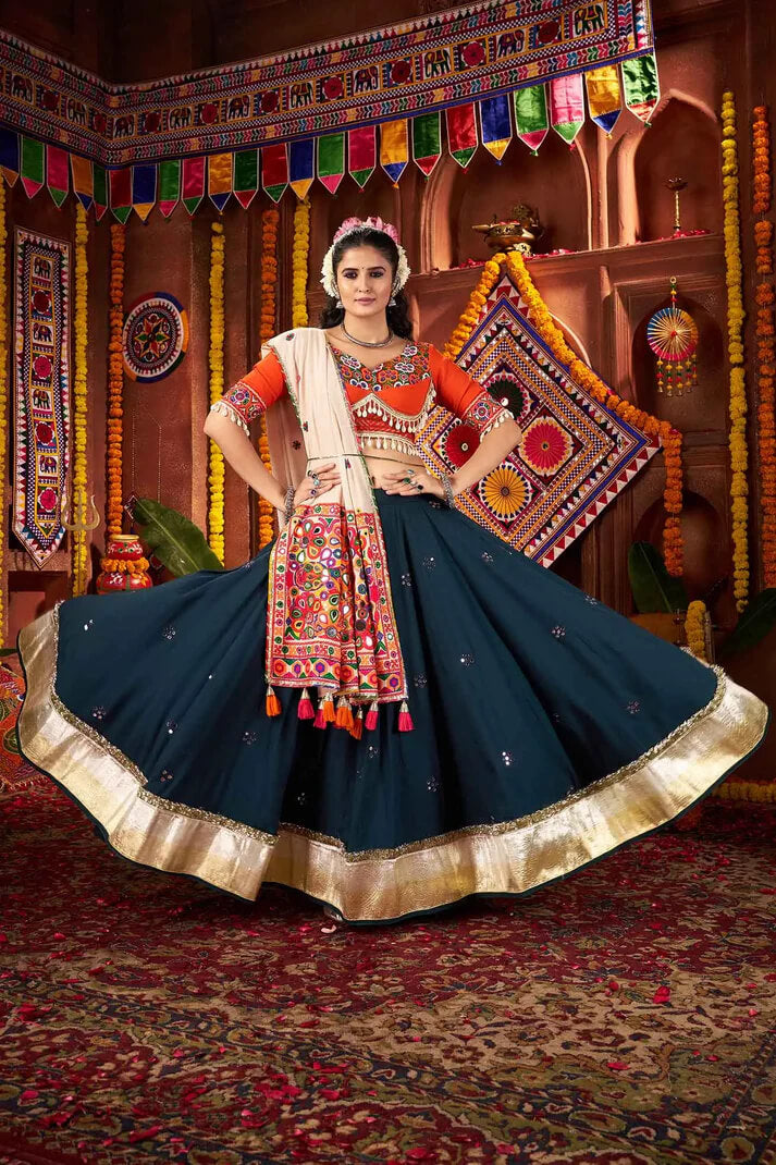Teal Blue Navratri Lehenga with Mirror Kodi & Thread Work
