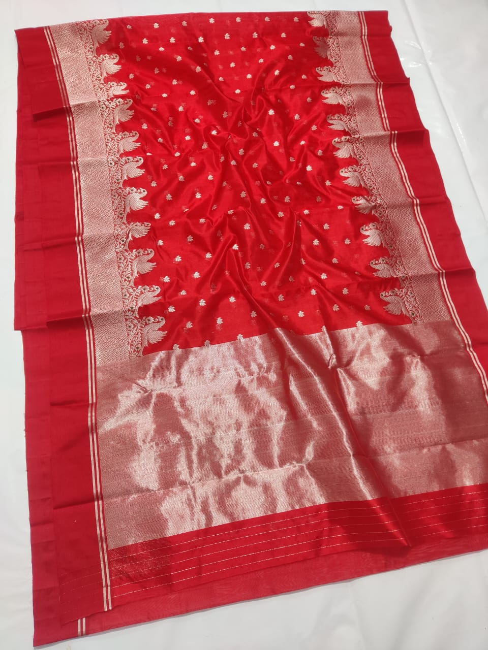 Rød Chanderi Håndvævet Pattu Silk Brude Saree