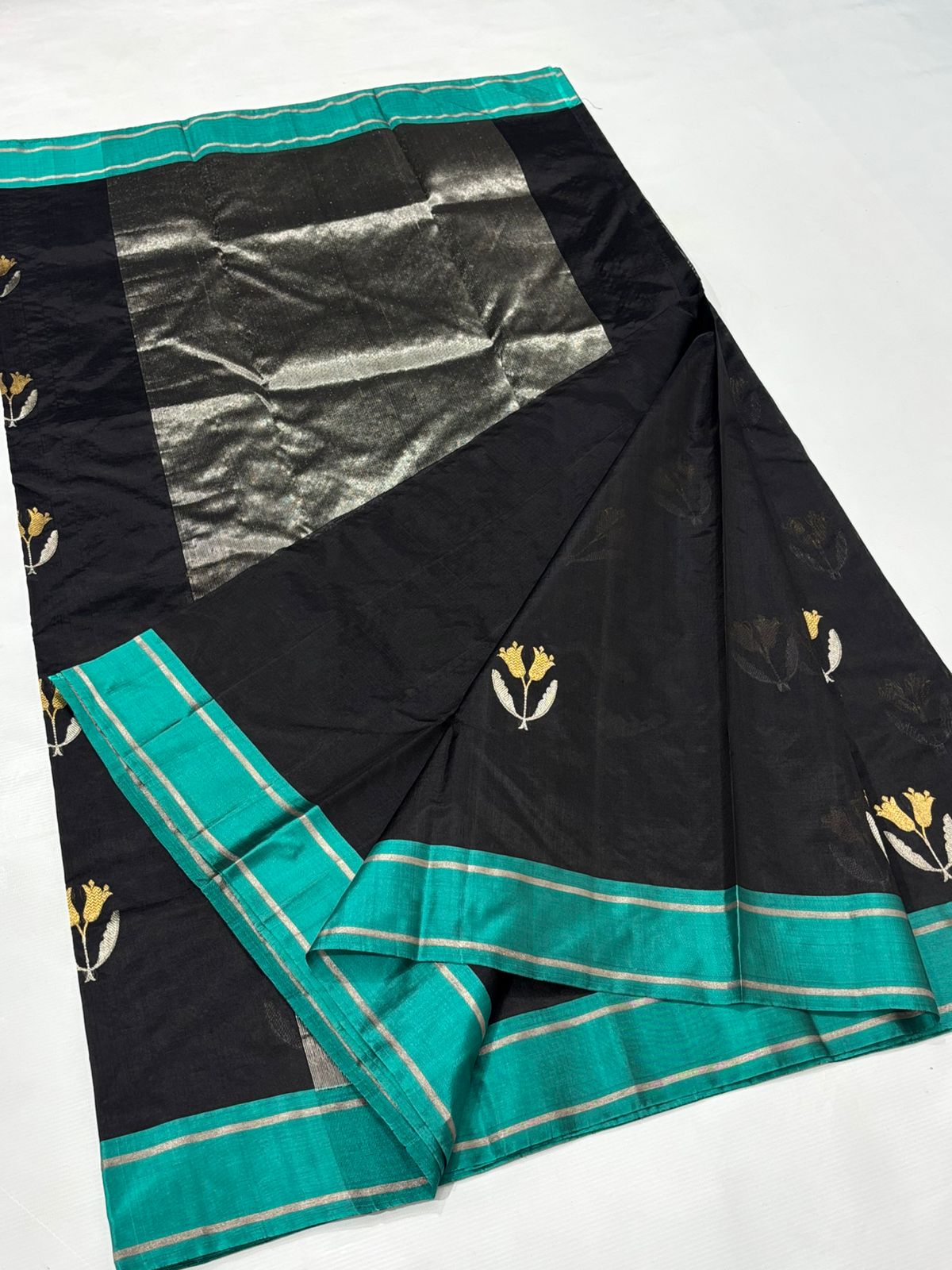 Black Chanderi Handloom Pattu Silk Meenakari Saree
