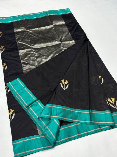 Black Chanderi Handloom Pattu Silk Meenakari Saree