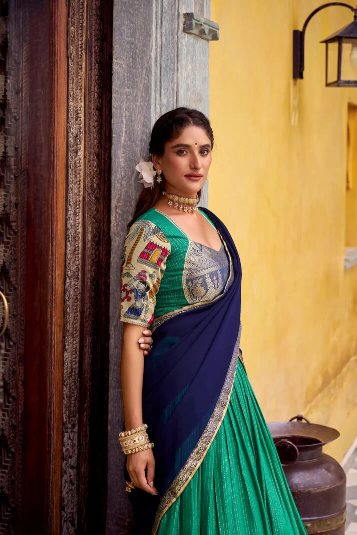 Teal Green Chanderi Lehenga with Kalamkari & Zari Work