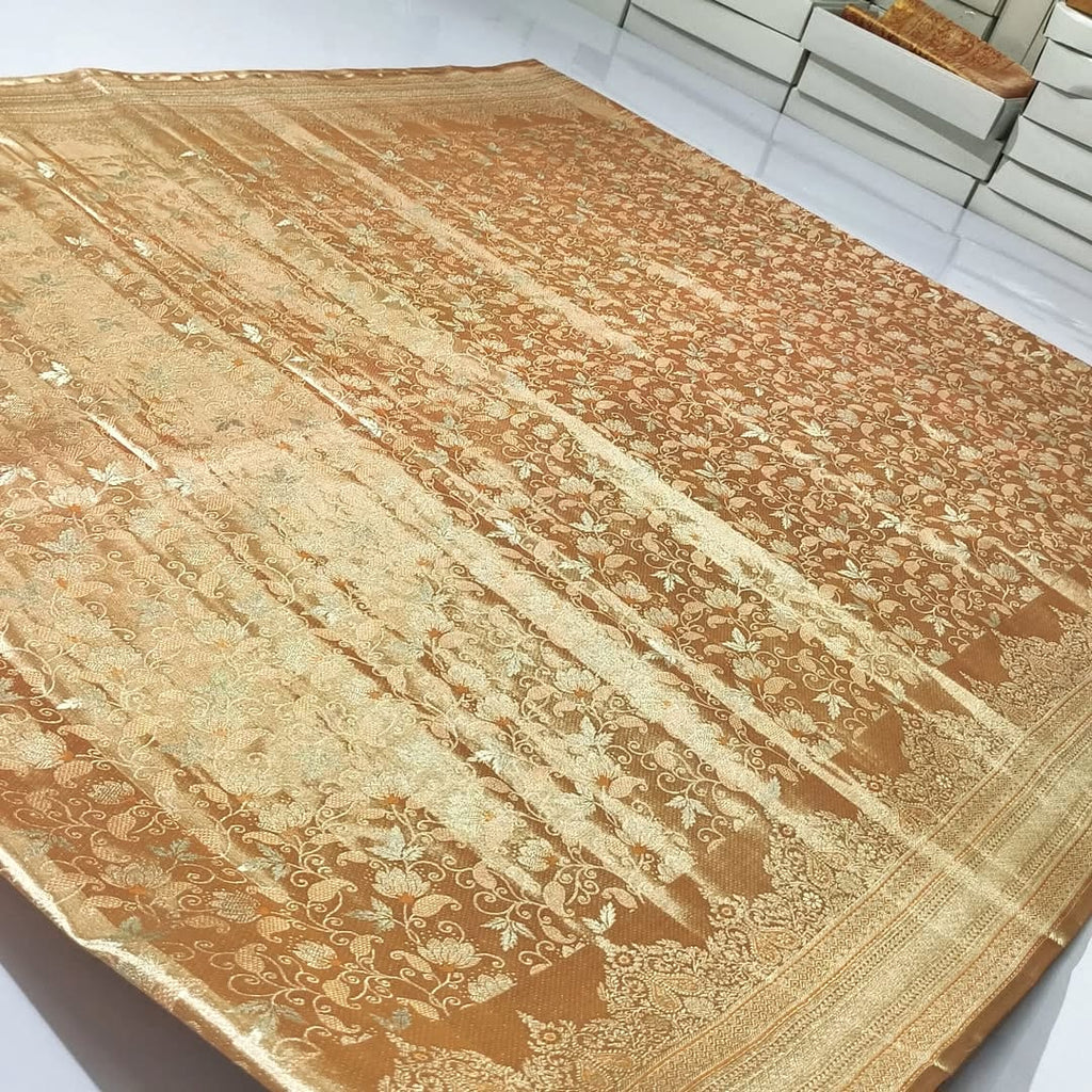 Pastel Orange Kanchipuram Handloom Tissue Brocade Silk Saree