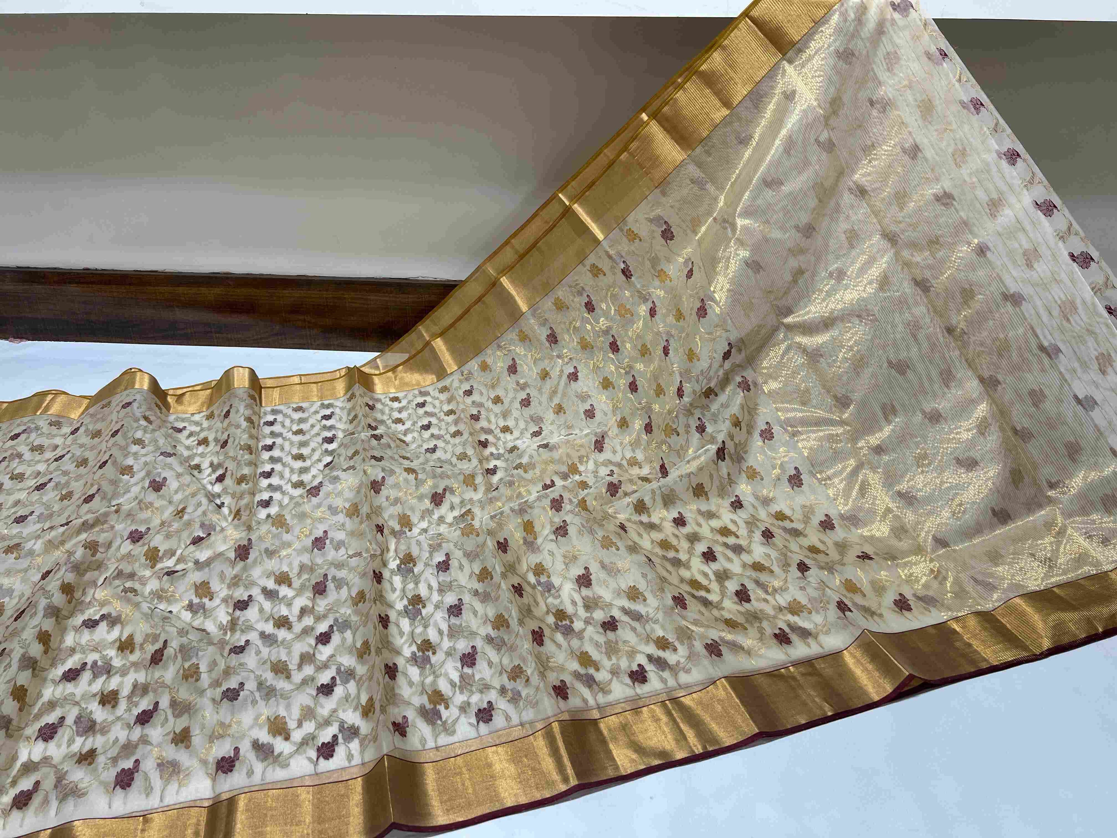 Beige Chanderi Handloom Katan Silk Saree
