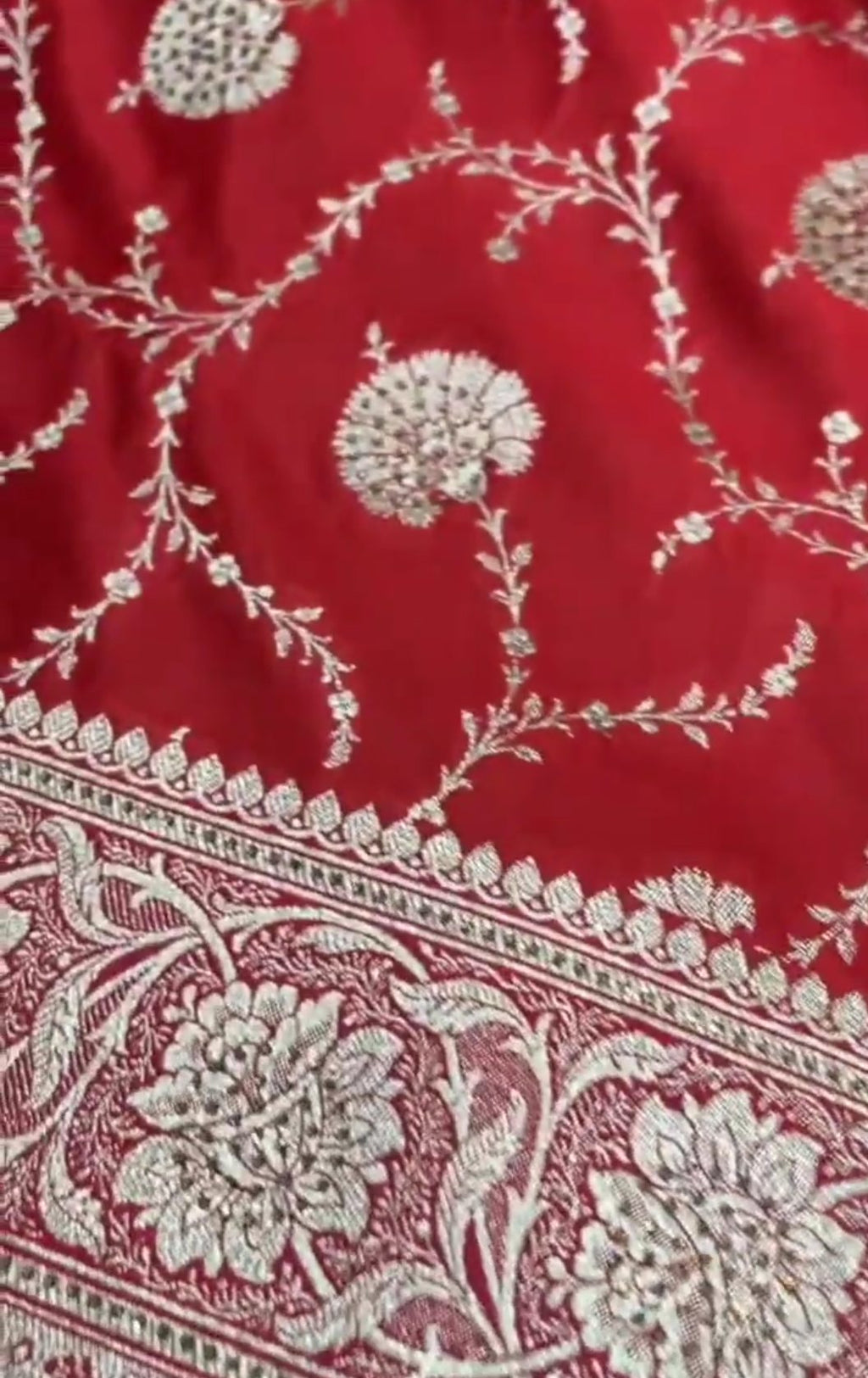 Red Banarasi Satin Katan Silk Swarovski Jangla Saree