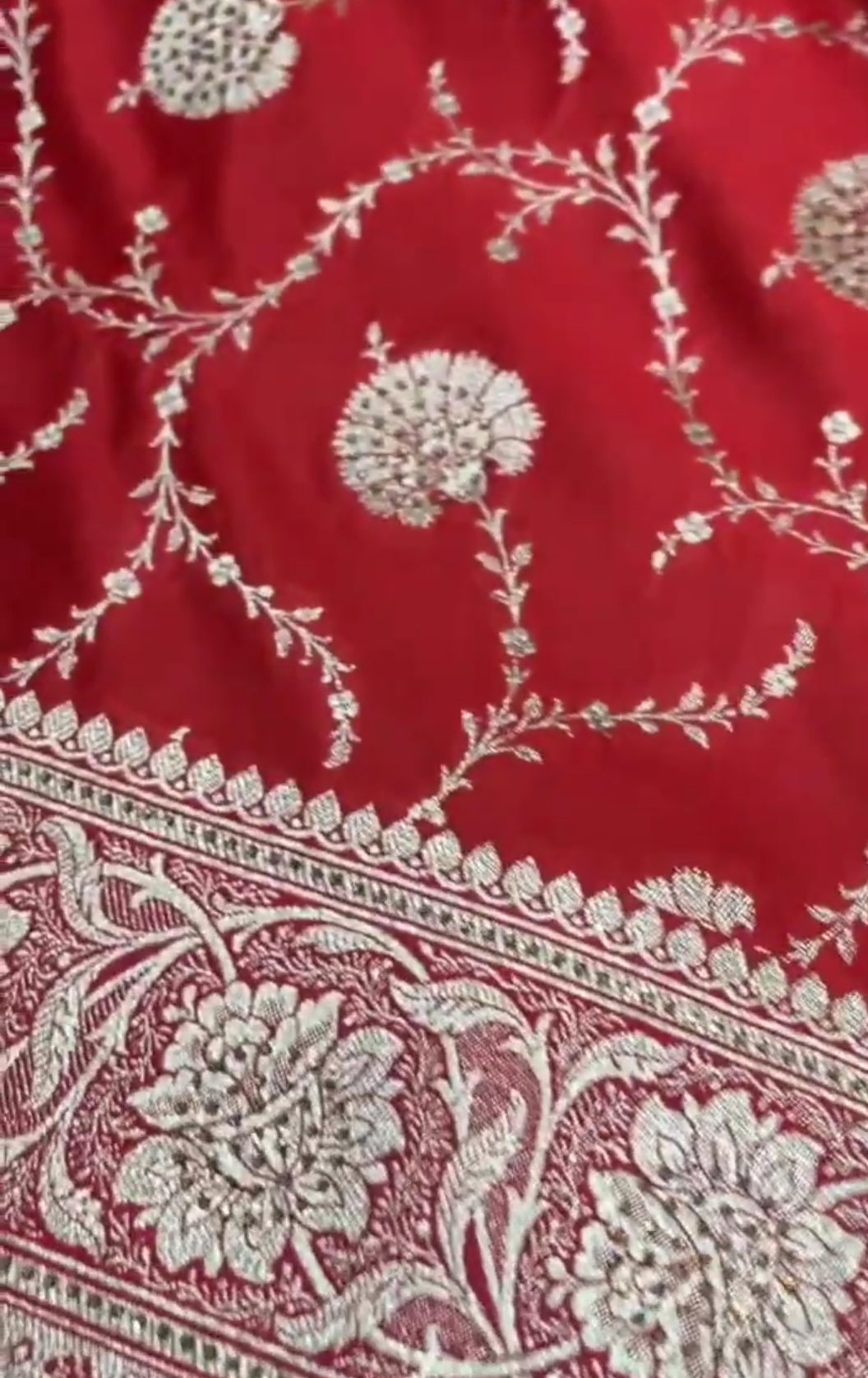 Red Banarasi Satin Katan Silk Swarovski Jangla Saree