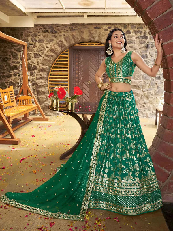 Teal Green Jacquard Lehenga with Zari & Sequins Work
