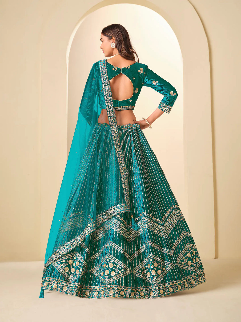 Deep Teal Sequins Embroidery Work Velvet Lehenga Choli