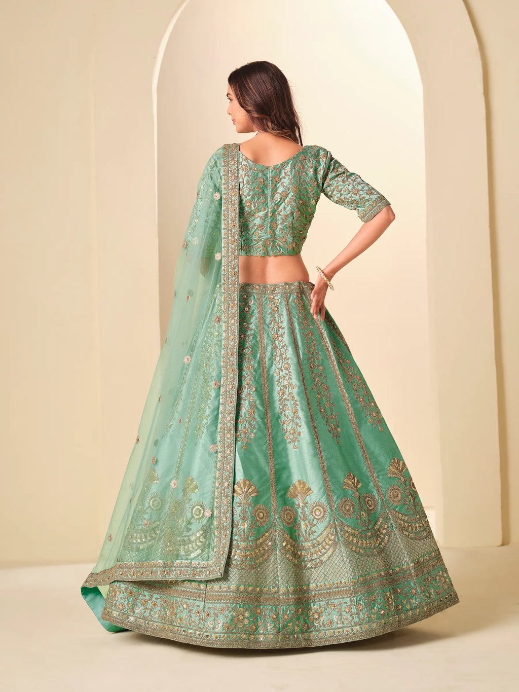 Sea Green Sequins Embroidery Art Silk Lehenga Choli