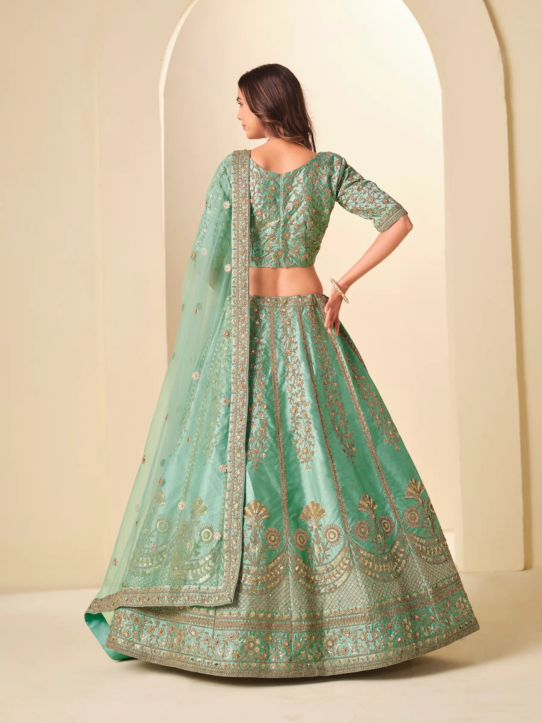Sea Green Sequins Embroidery Art Silk Lehenga Choli