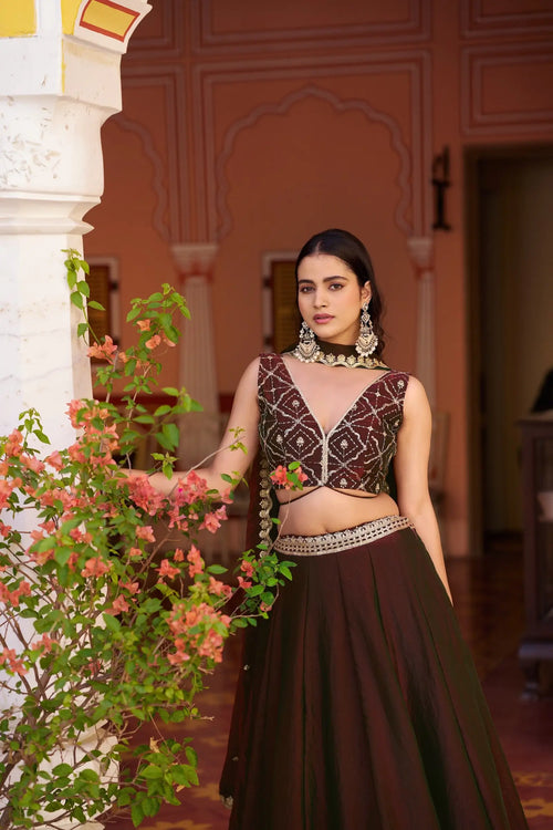 Burnt Maroon Lehenga With Embroidery Work