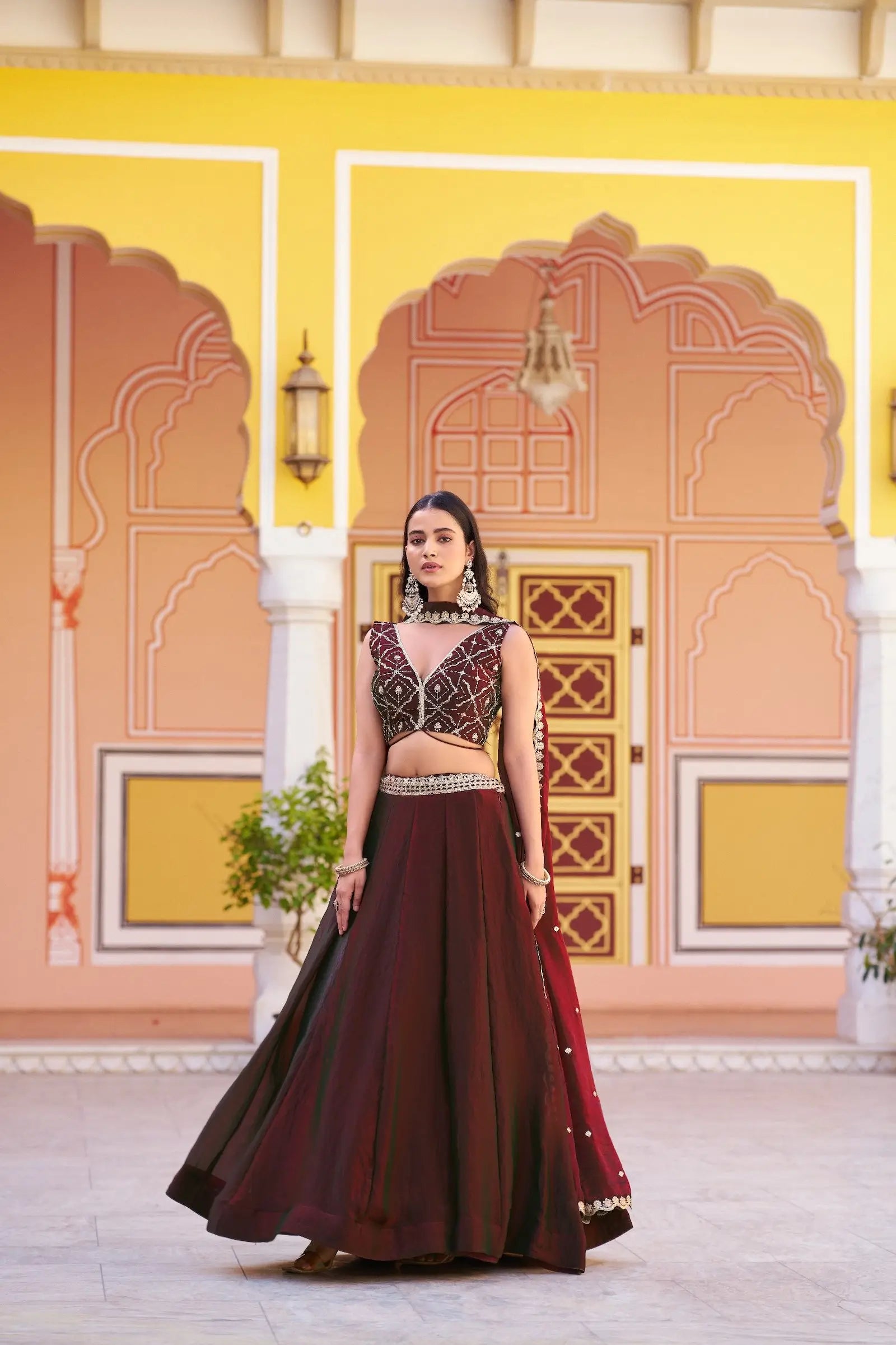 Burnt Maroon Lehenga With Embroidery Work