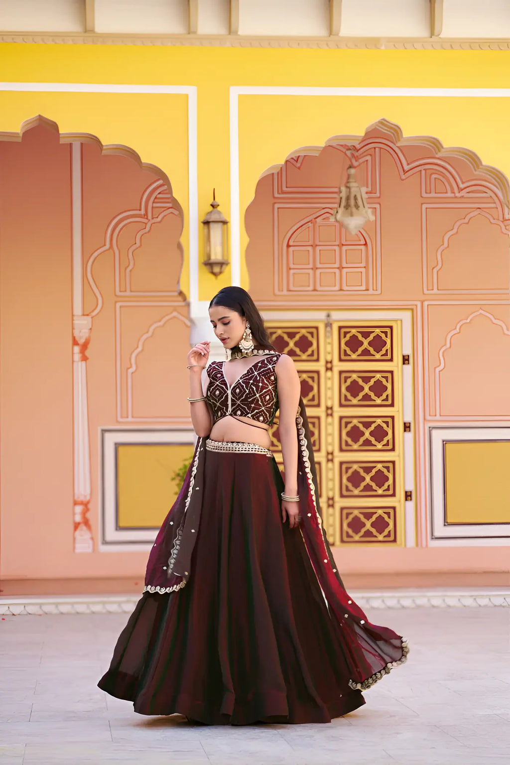 Burnt Maroon Lehenga With Embroidery Work