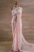 Baby Pink Hand Embroidered Satin Net Saree