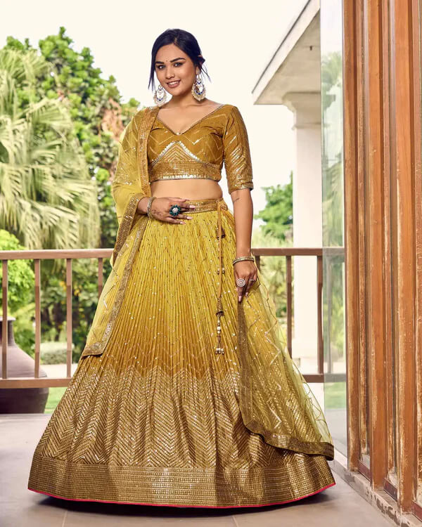 Dark & Light Yellow Lehenga Choli with Thread & Sequins Work