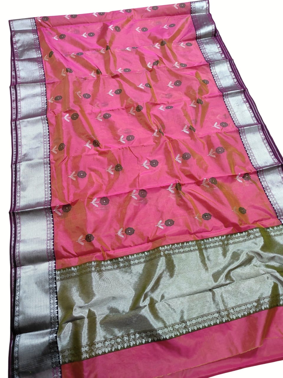 Hot Pink Chanderi Handloom Pattu Silk Meenakari Nakshi Saree