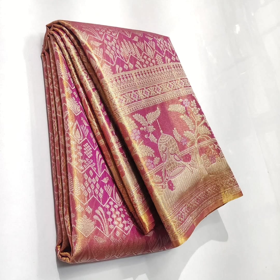 Dark Pink Kanchipuram Handloom Tissue Brocade Silk Saree
