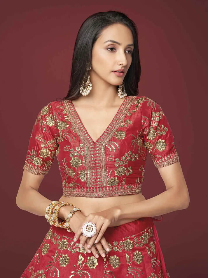 Red Silk Lehenga with Zari, Sequins & Dori Work