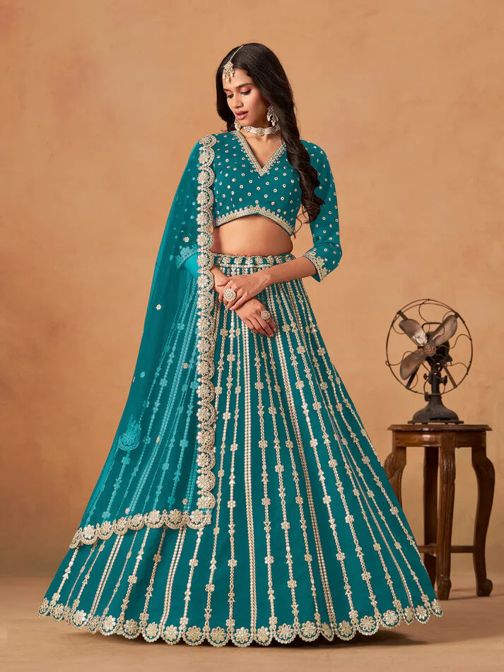 Teal Blue Art Silk Lehenga with Mirror & Embroidery