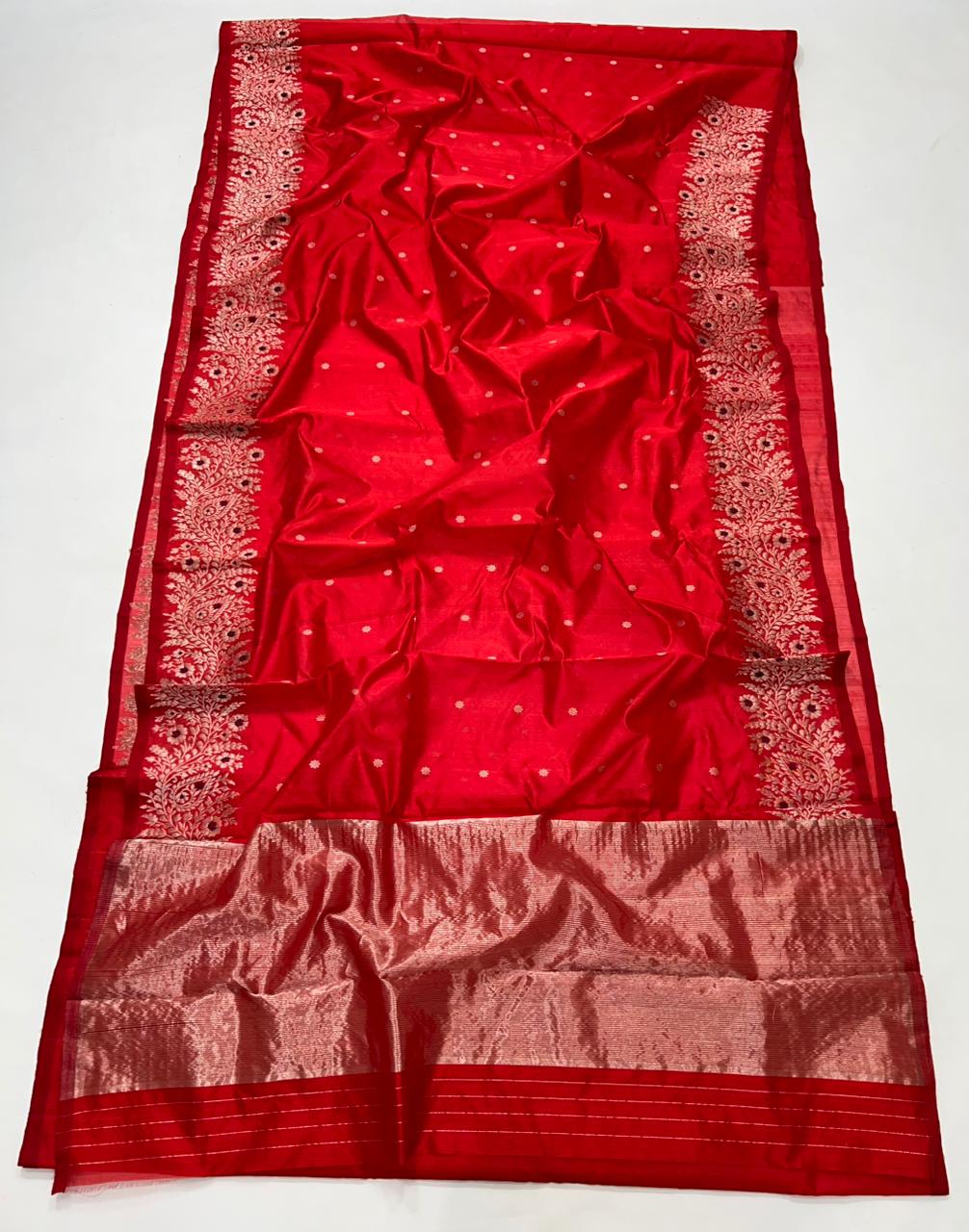 Red Chanderi Handloom Pattu Silk Meenakari Handwork Saree