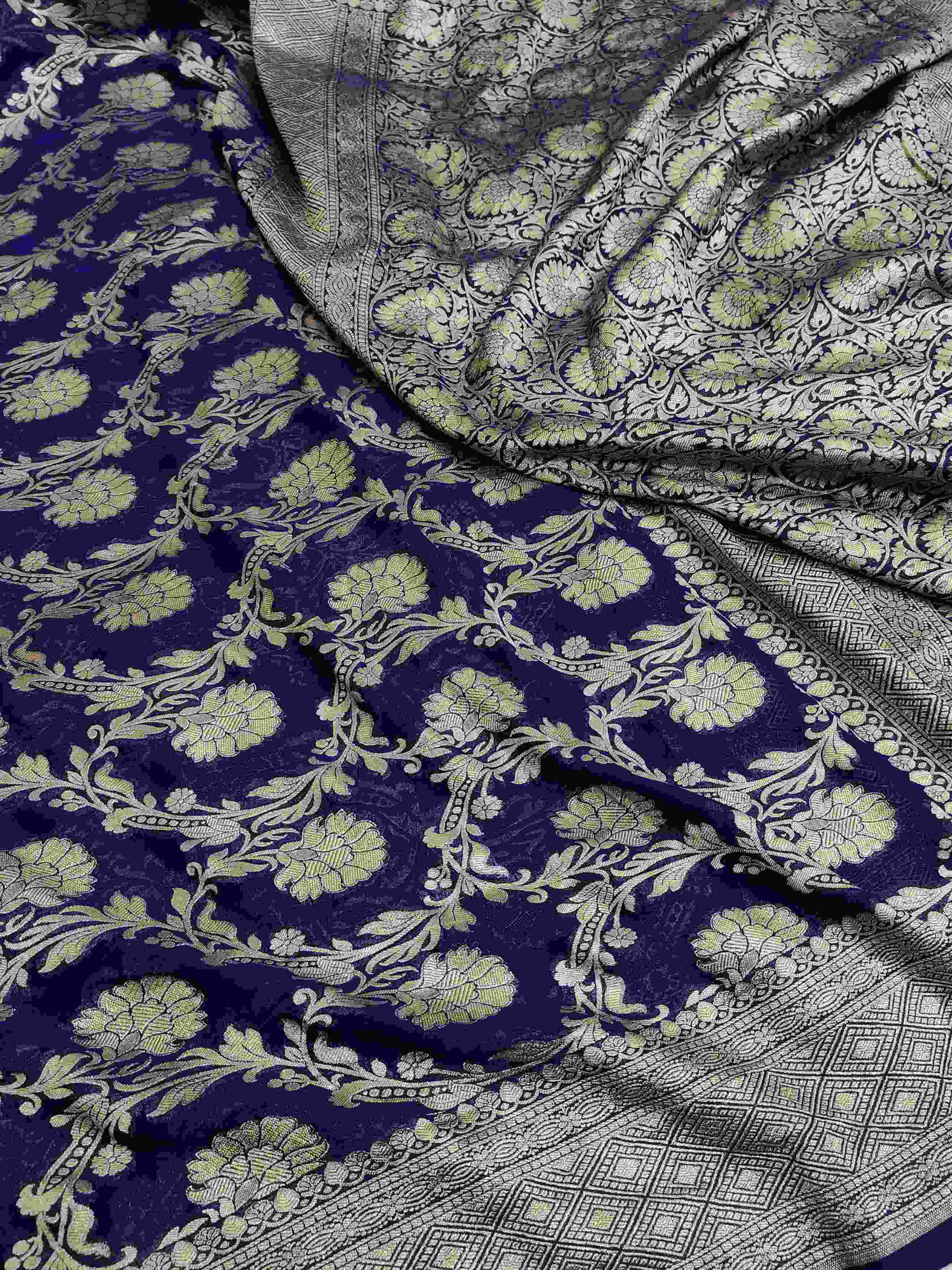 Midnight Blue Banarasi Handloom Water Zari Georgette Silk Saree