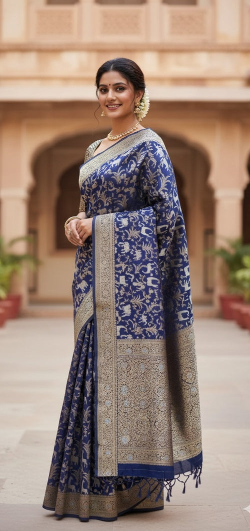 Azure Blue Banarasi Handloom Katan Silk Shikargah Meenakari Saree