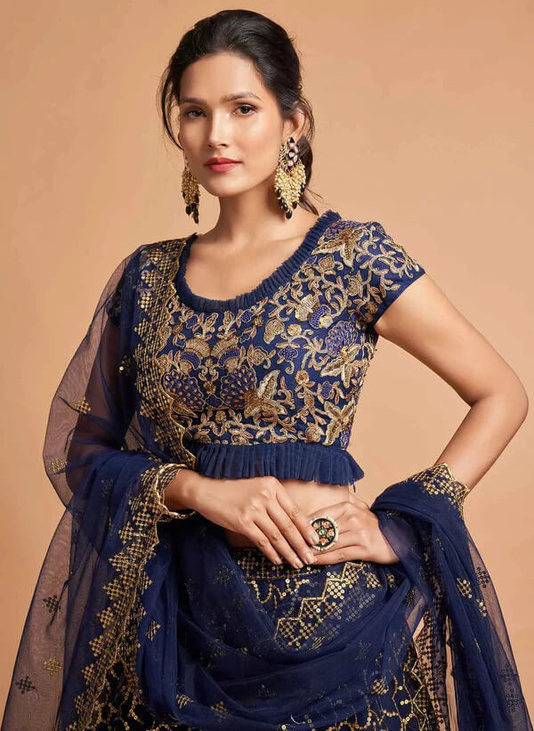 Navy Blue Soft Net Lehenga with Zari & Thread Work