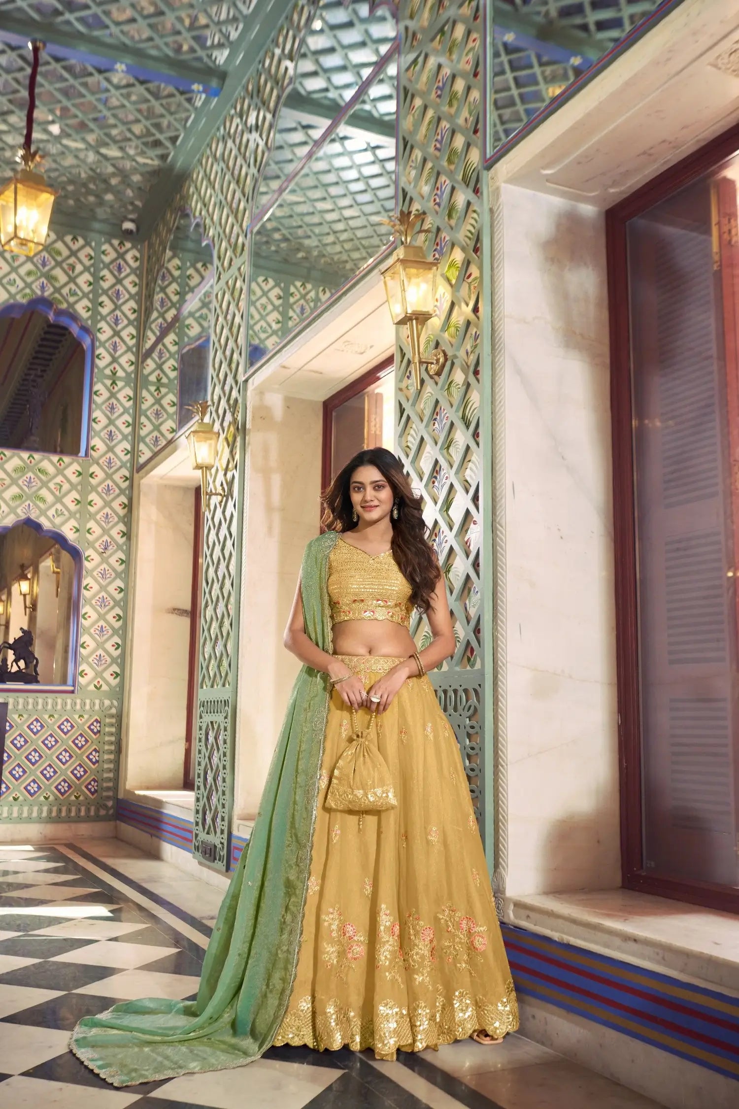 Pastel Yellow Silk Lehenga With Embroidery Work
