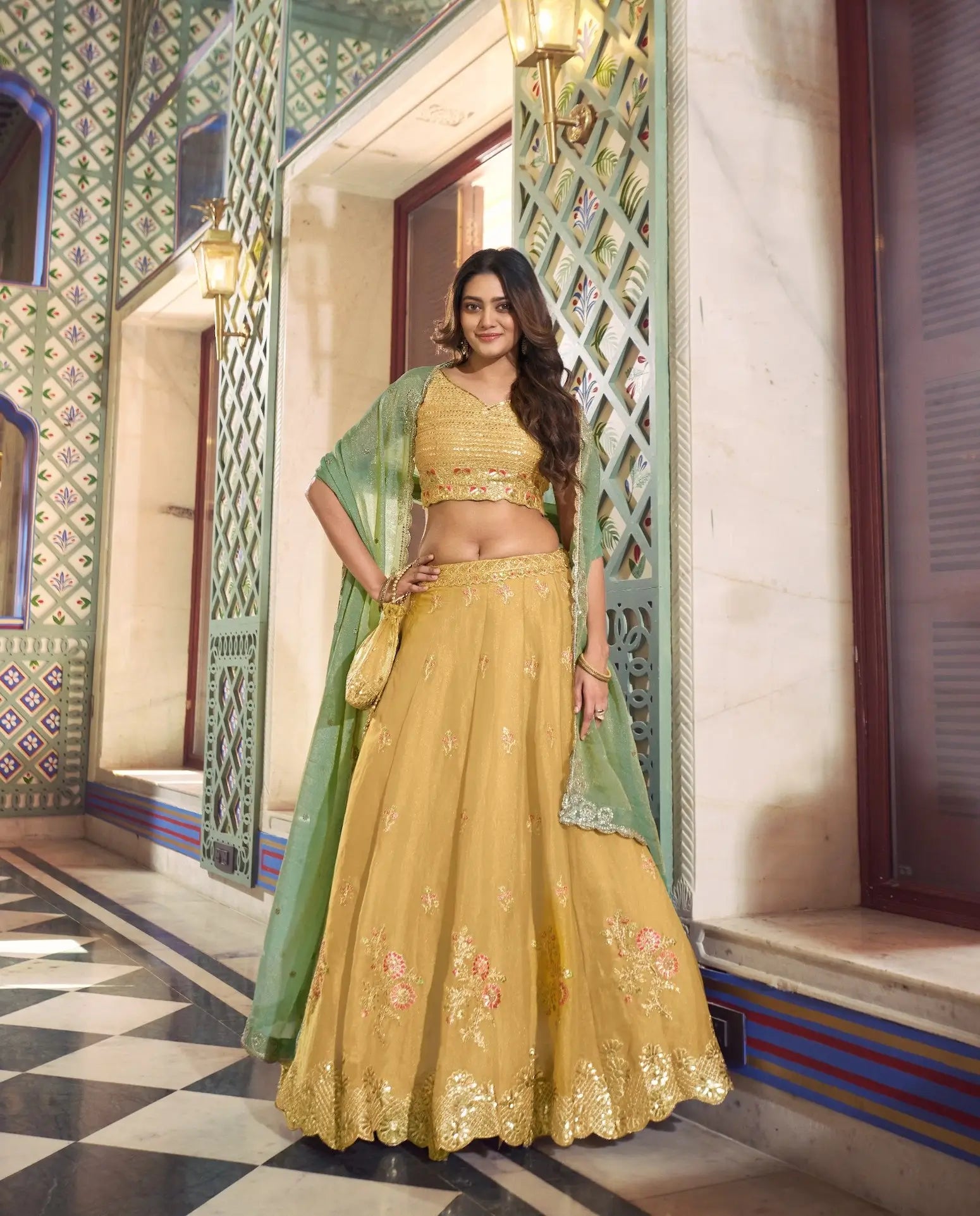 Pastel Yellow Silk Lehenga With Embroidery Work