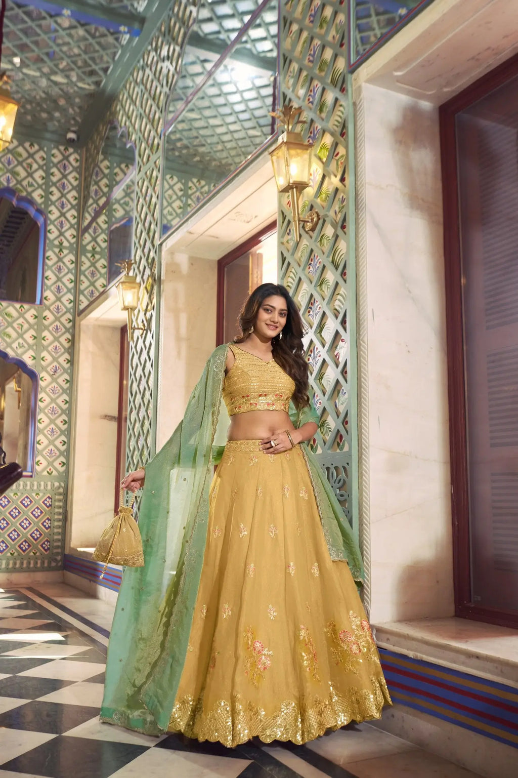 Pastel Yellow Silk Lehenga With Embroidery Work