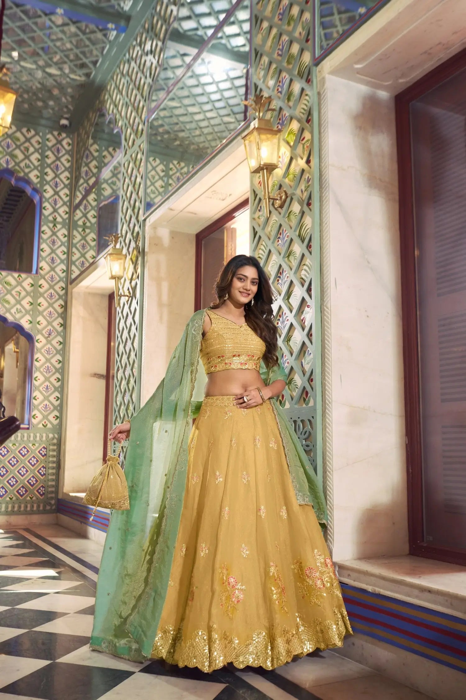 Pastel Yellow Silk Lehenga With Embroidery Work