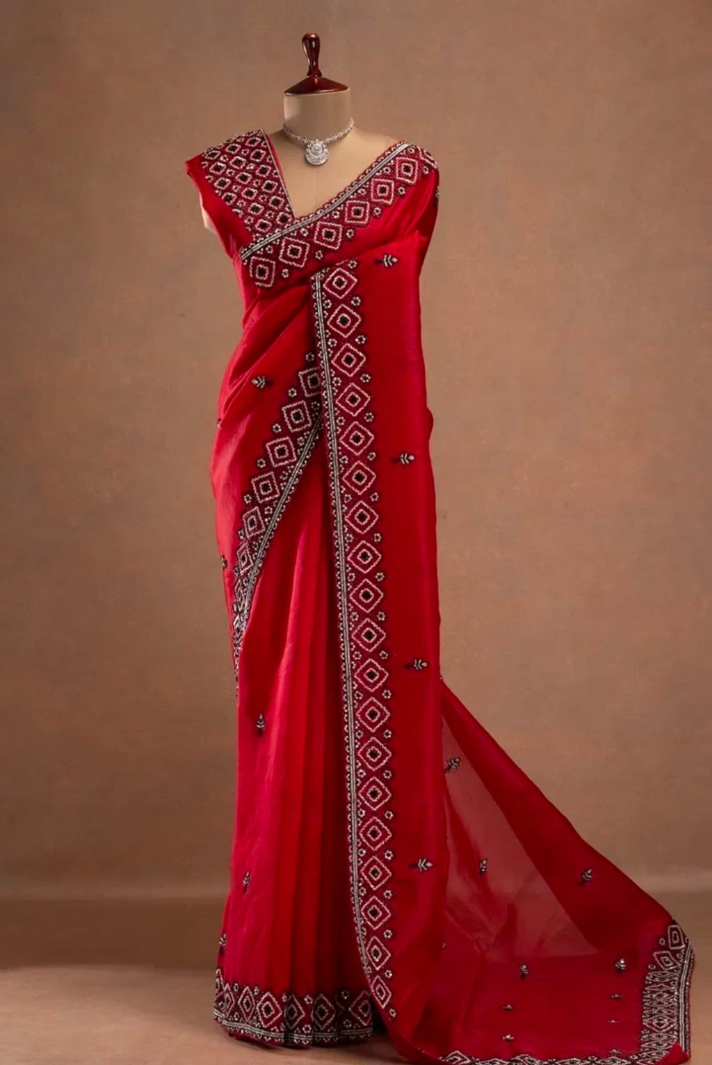 Rustic Red Hand Embroidered Organza Silk Saree