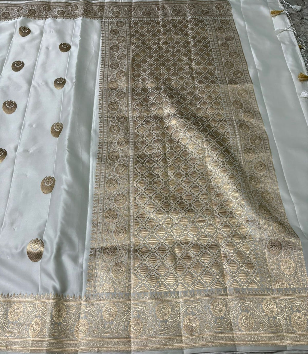 Pearl White Banarasi Handloom Mashru Silk Chand Tara Saree