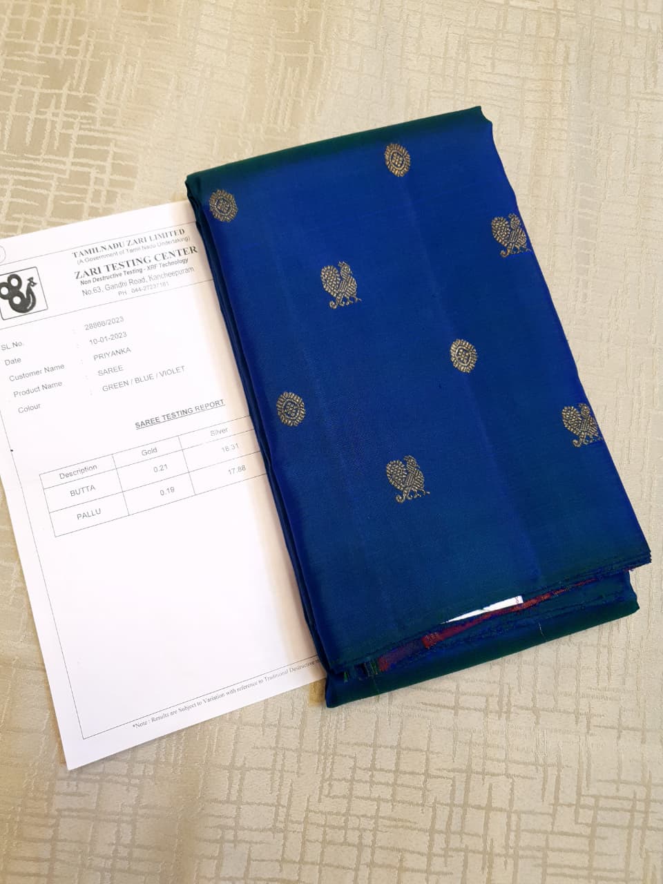 Mørkeblå Kanchipuram Handloom 3G Pure Gold Pattu Silke Saree