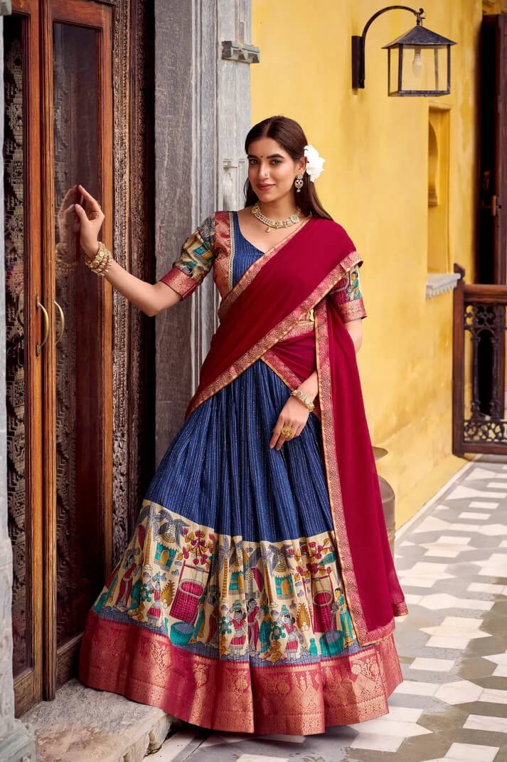 Navy Blue Chanderi Lehenga with Kalamkari & Zari Work