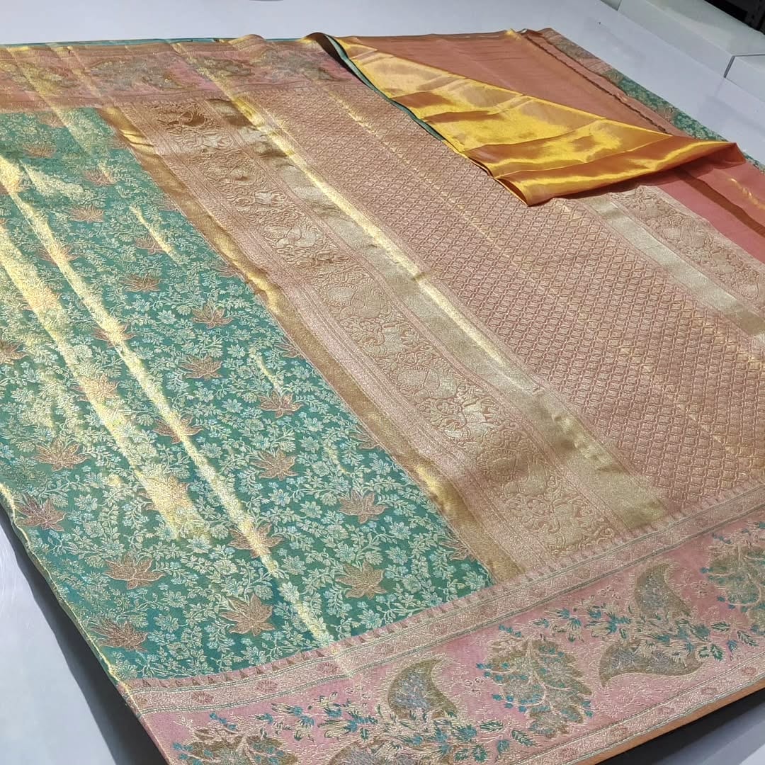 Turquoise Kanchipuram Handloom Tissue Brocade Meenakari Silk Saree