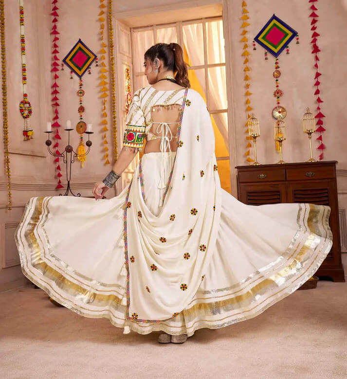 White Kutchi Mirror Kodi Work Navratri Lehenga Choli