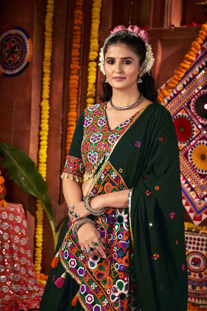 Designer Green Mirror & Thread Work Navratri Lehenga