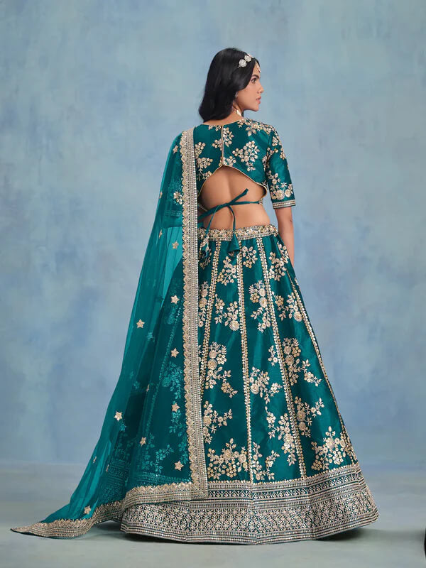Teal Green Art Silk Lehenga Choli with Sequins & Thread Work