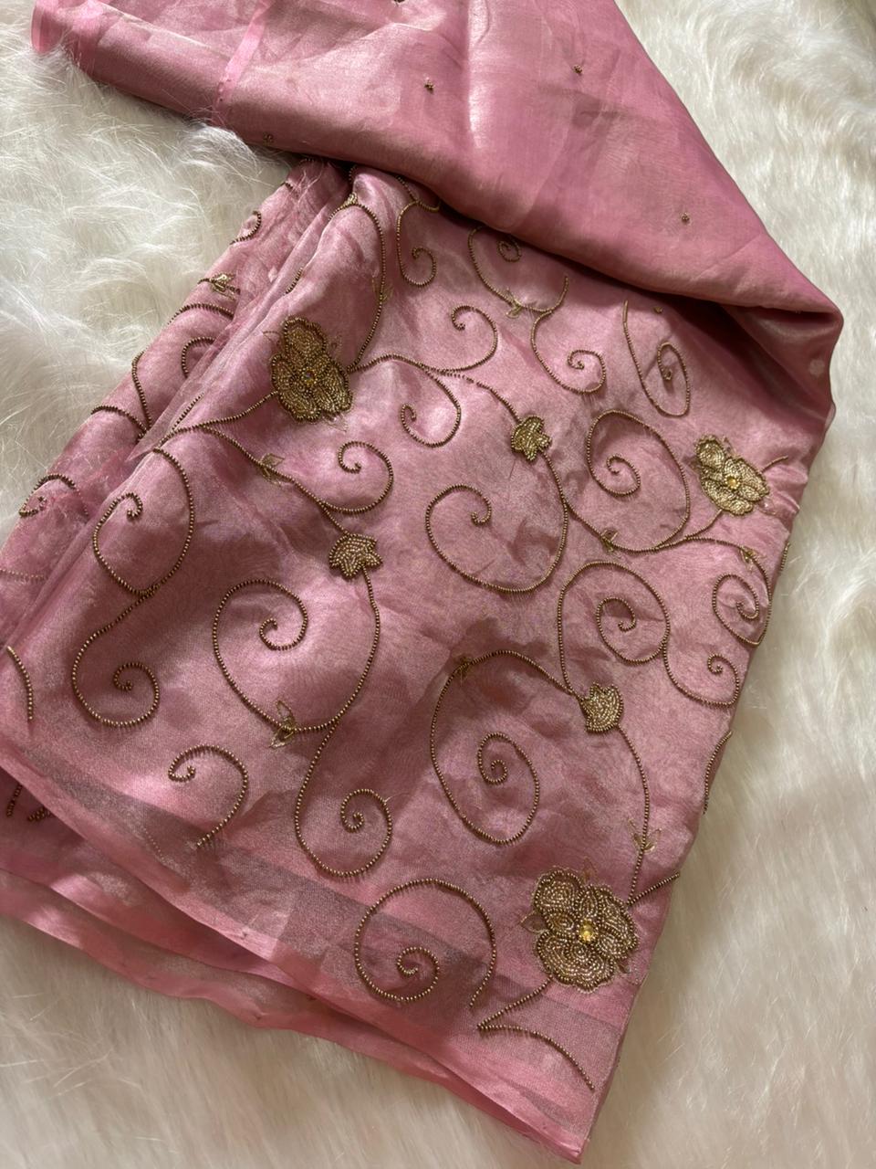 Pastel Pink Banarasi håndvævet saree af rent silkebroderet silkevæv