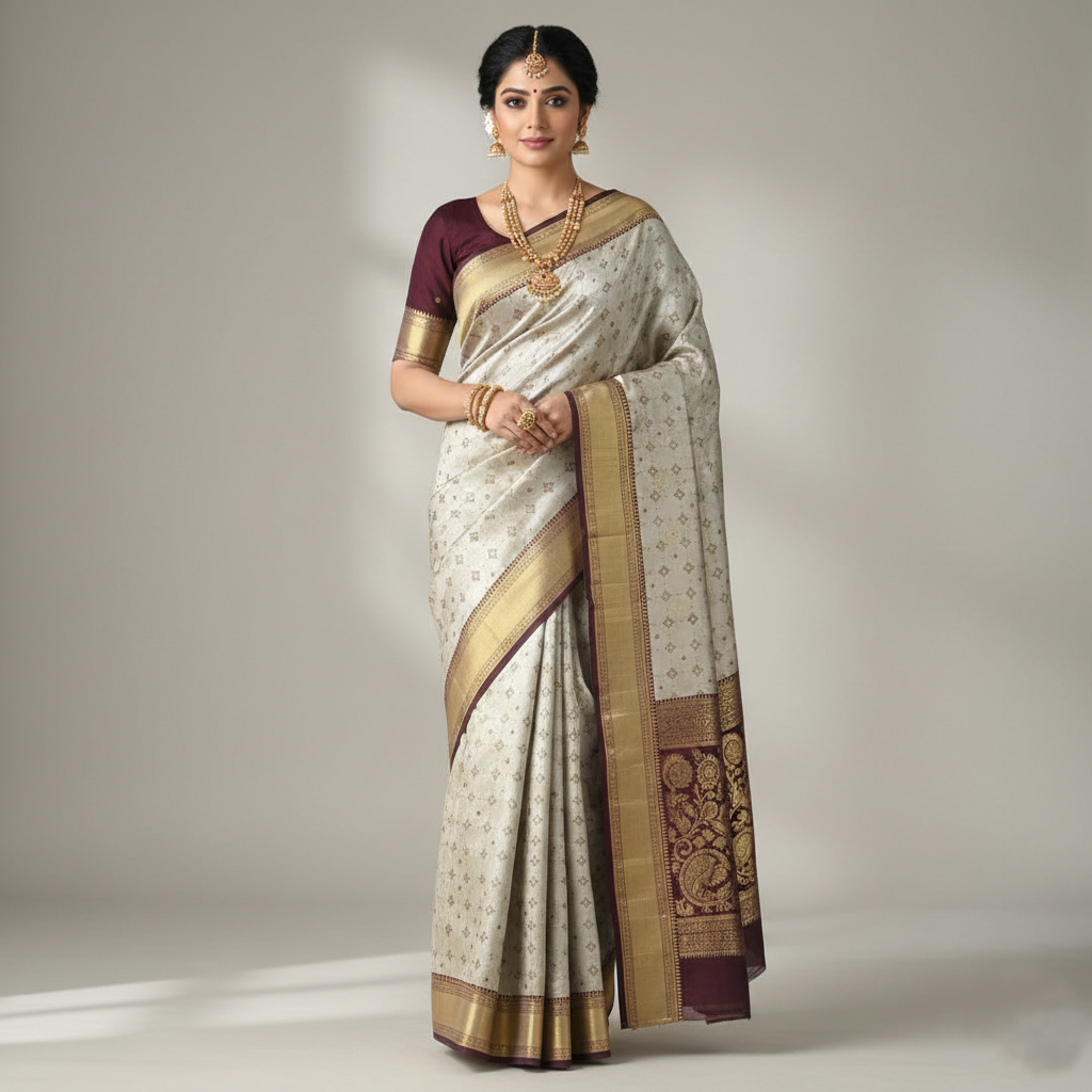 Beige Kanchipuram håndvævet vævsbrokade Meenakari silkesari