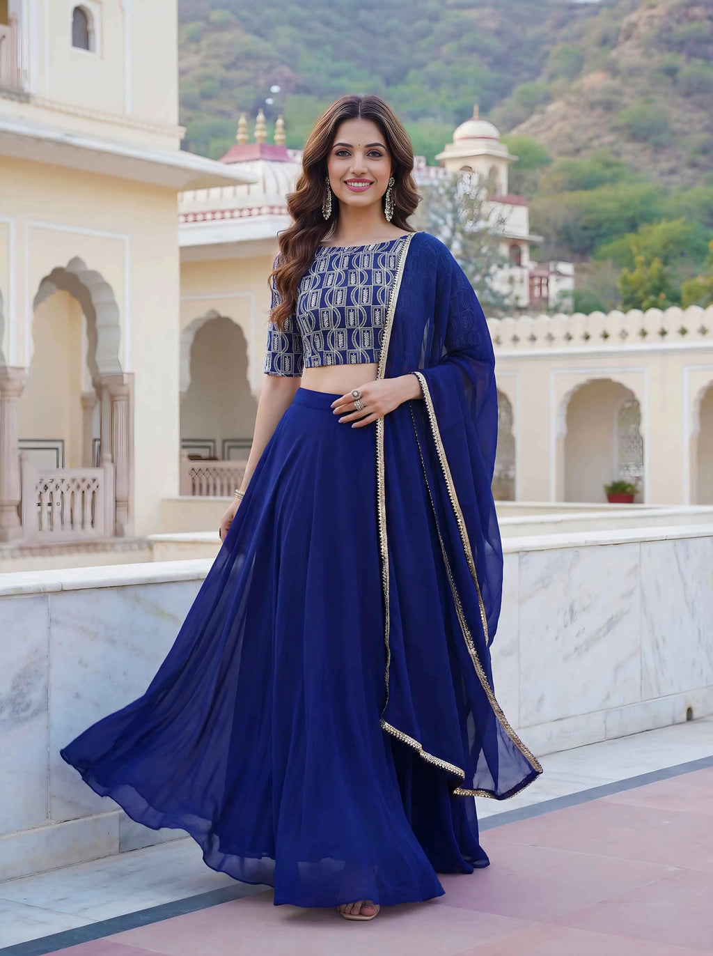 Blue Embroidery Work Choli And Lehenga