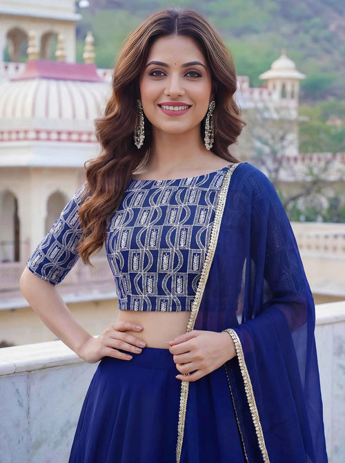 Blue Embroidery Work Choli And Lehenga