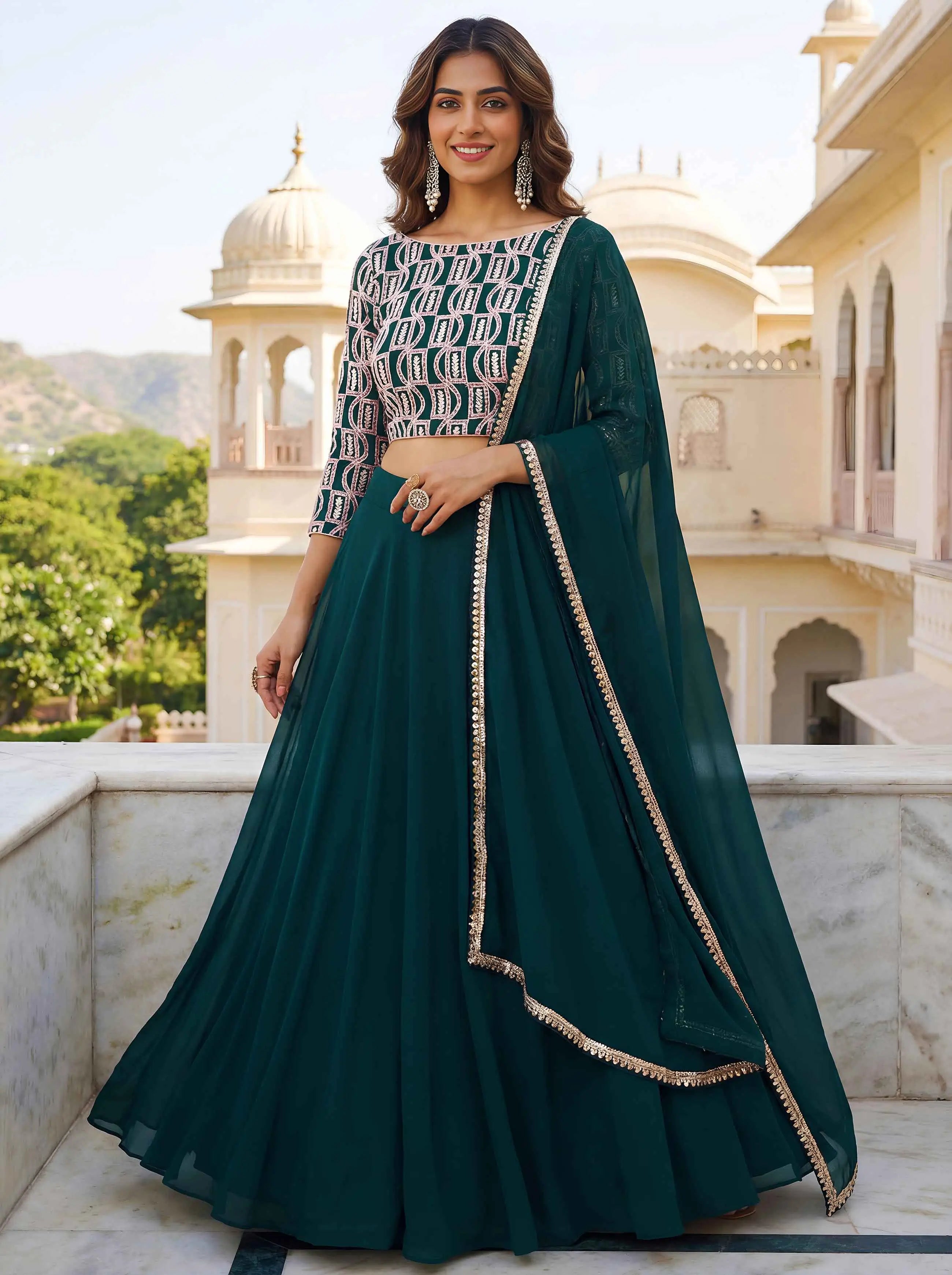 Green Embroidery Work Choli And Lehenga