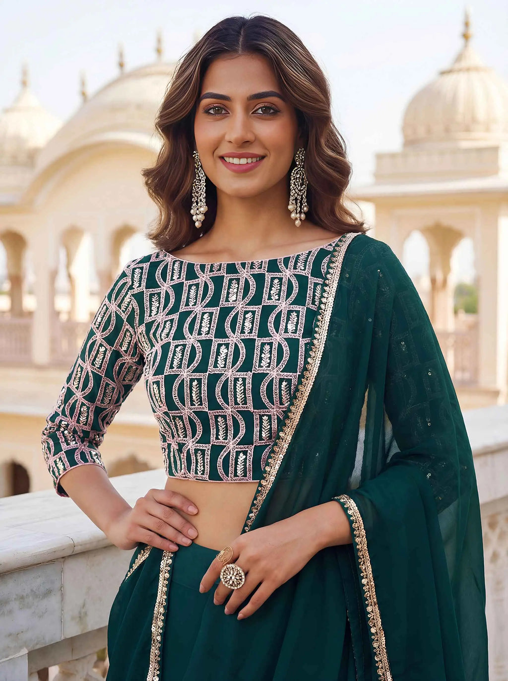 Green Embroidery Work Choli And Lehenga