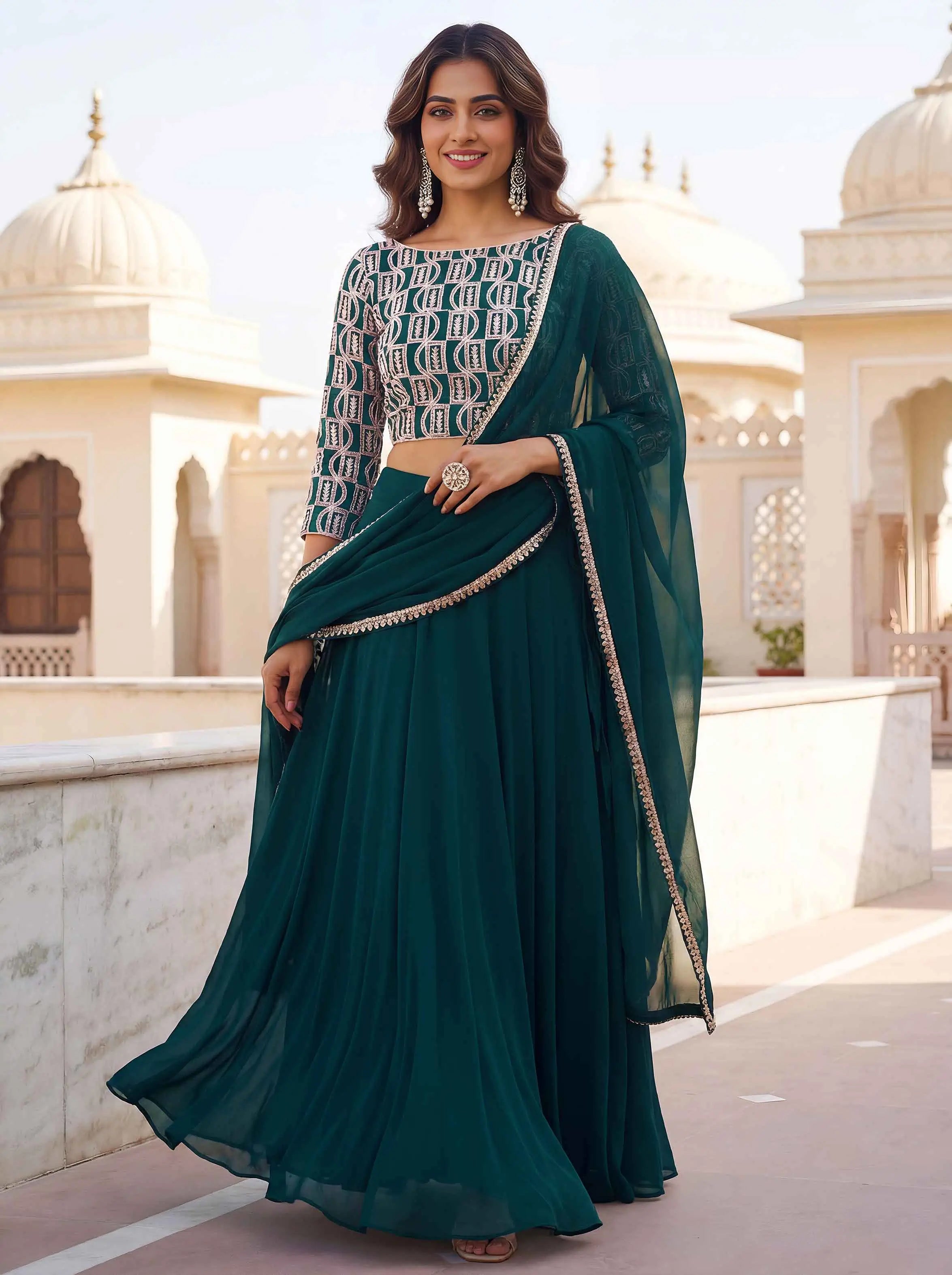 Green Embroidery Work Choli And Lehenga